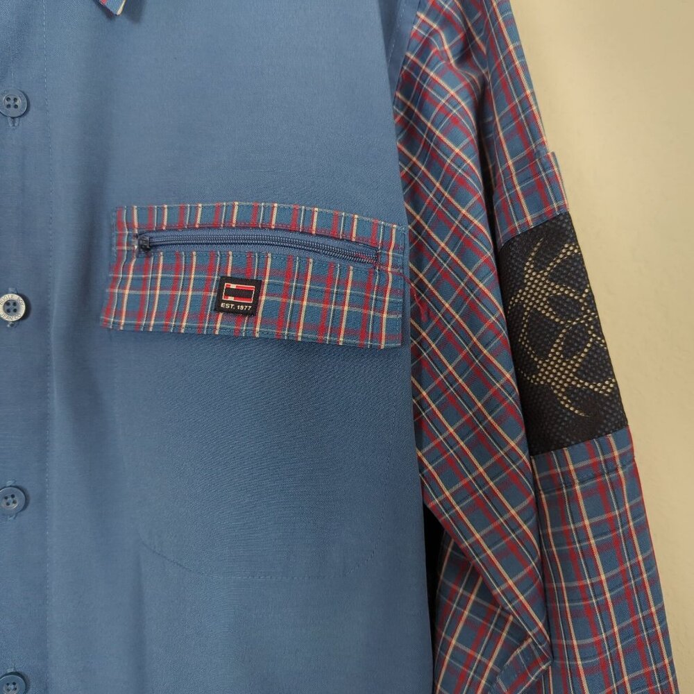 Bugle Boy Plaid Men's Vintage Blue Shirt M Patchwork Long Sleeve Retro Y2K - Picture 7 of 16